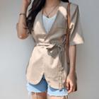 Collarless Short-sleeve Blazer With Sash