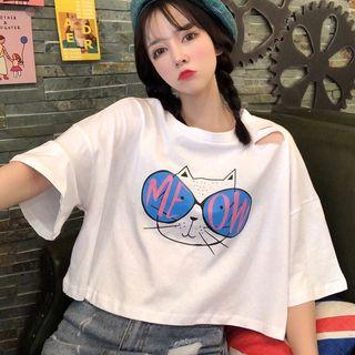 Printed Elbow Sleeve Cropped T-shirt