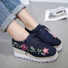Flower Embroidered Wedge Lace Up Shoes