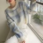 Round-neck Plaid Long-sleeve Cropped Sweater