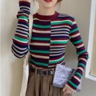 Striped Round-neck Long-sleeve Knit Top Stripe - One Size