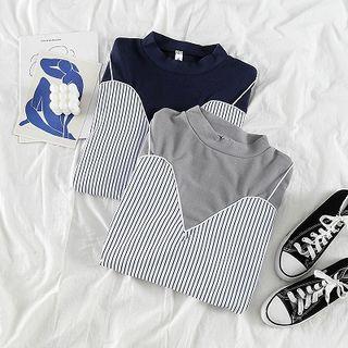 Mock Two-piece Mock-neck Panel Striped Long-sleeve T-shirt