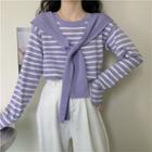 Mock Two-piece Shawl Collar Striped Knit Top