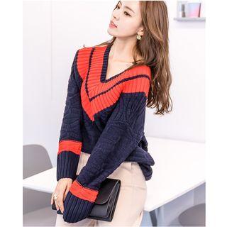 V-neck Colour Block Long-sleeve Knit Sweater
