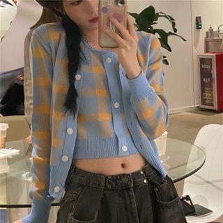 Set: Sleeveless Gingham Knit Top + Cardigan
