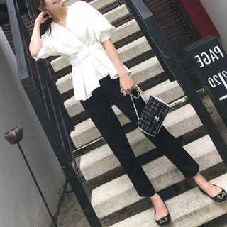 Set: V-neck Peplum Blouse + Cropped Dress Pants