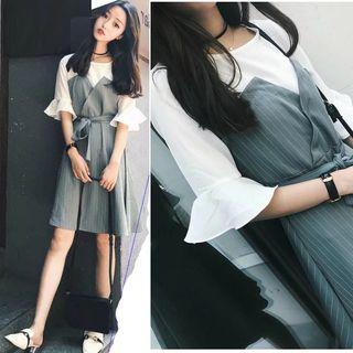 Elbow-sleeve Pinstriped Mock Two-piece Dress