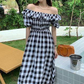 Short-sleeve Off-shoulder Plaid Midi A-line Dress