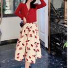 Long-sleeve Button-up Knit Top / Cherry Pattern Midi A-line Skirt