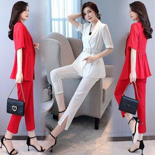 Set: Short Sleeve V-neck Blazer + Slit-hem Cropped Pants
