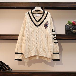 Letter Printed Embroidered Contrast Trim Cable Knit Top