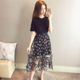 Set: Short-sleeve Mini T-shirt Dress + Patterned Mesh A-line Midi Skirt
