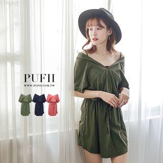 Short-sleeve Off-shoulder V-neck A-line Dress