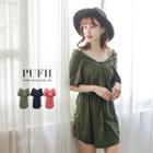 Short-sleeve Off-shoulder V-neck A-line Dress