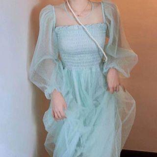 Puff-sleeve Smocked Midi A-line Mesh Dress