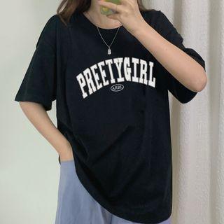 Elbow-sleeve Lettering Print / Plain T-shirt
