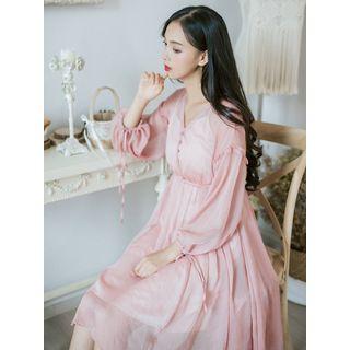 Set: Puff-sleeve V-neck Chiffon Dress + Slipdress