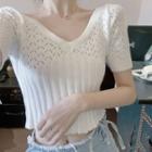 V-neck Plain Eyelet Knit Top White - One Size