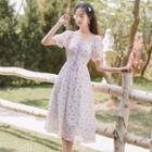 Square-neck Floral Drawstring A-line Dress