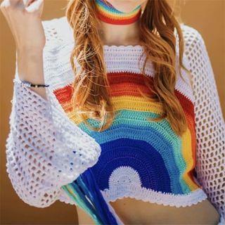 Long Sleeve Crochet Knit Rainbow Print Crop Sweater Rainbow - One Size