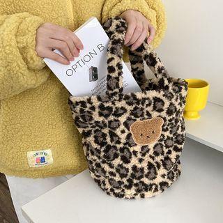Leopard Print Bear Applique Fleece Handbag / Bag Charm / Set