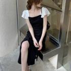 Square-neck Side-slit Two-tone Dress