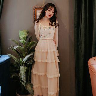 Lace Trim Long-sleeve Maxi Tiered Dress