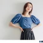 Off-shoulder Puff-short-sleeve Denim Shirt