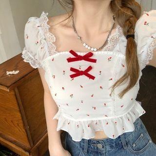 Ruffle Trim Floral Bow Cropped Blouse