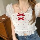 Ruffle Trim Floral Bow Cropped Blouse