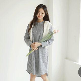 Mandarin-collar Half-placket Striped Shirtdress