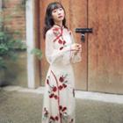 Set: Floral Embroidered Bell-sleeve Midi A-line Dress + Slipdress