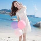 Off-shoulder Tie-cuff A-line Lace Dress