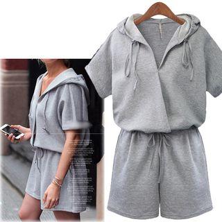 Hooded Short-sleeve Tie Waist Playsuit