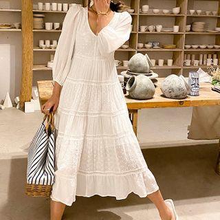 3/4-sleeve Eyelet Lace Midi A-line Dress