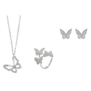 Set: Rhinestone Butterfly Pendant Necklace + Open Ring + Ear Stud Set - Silver - One Size