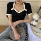 Short-sleeve Contrast Trim Top Black - One Size