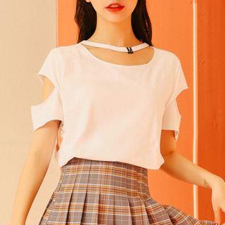 Short-sleeve Cutout Metal-accent Top