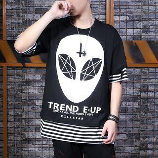 Striped Panel Mock Two Piece Elbow Sleeve T-shirt