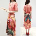 Print Short Sleeve Midi Silk Dress