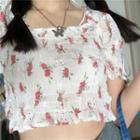 Floral Short-sleeve Cropped Blouse / High-waist Wide-leg Jeans