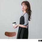 Elbow Sleeve Mock Two Piece Striped Panel A-line Dress