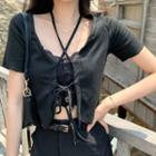 Short-sleeve Lace Up T-shirt / Lace Cropped Camisole.