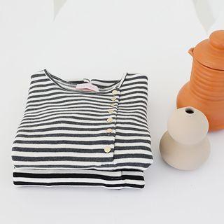 Round-neck Button-trim Striped Top