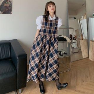 Puff-sleeve Shirt / Plaid Midi Jumper Dress