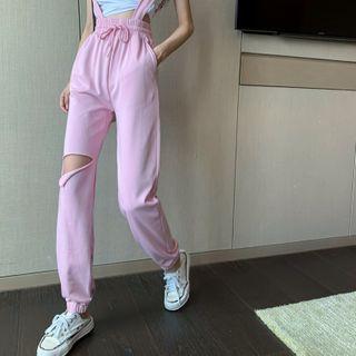 Distressed Cropped Suspender Pants
