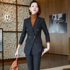 Double-breasted Pinstriped Blazer / Dress Pants / Turtleneck Blouse / Set
