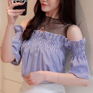 Mesh Panel Cold Shoulder Short-sleeve Blouse