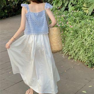 V-neck Plaid Camisole / Plain Asymmetrical Hem Midi Skirt