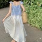 V-neck Plaid Camisole / Plain Asymmetrical Hem Midi Skirt